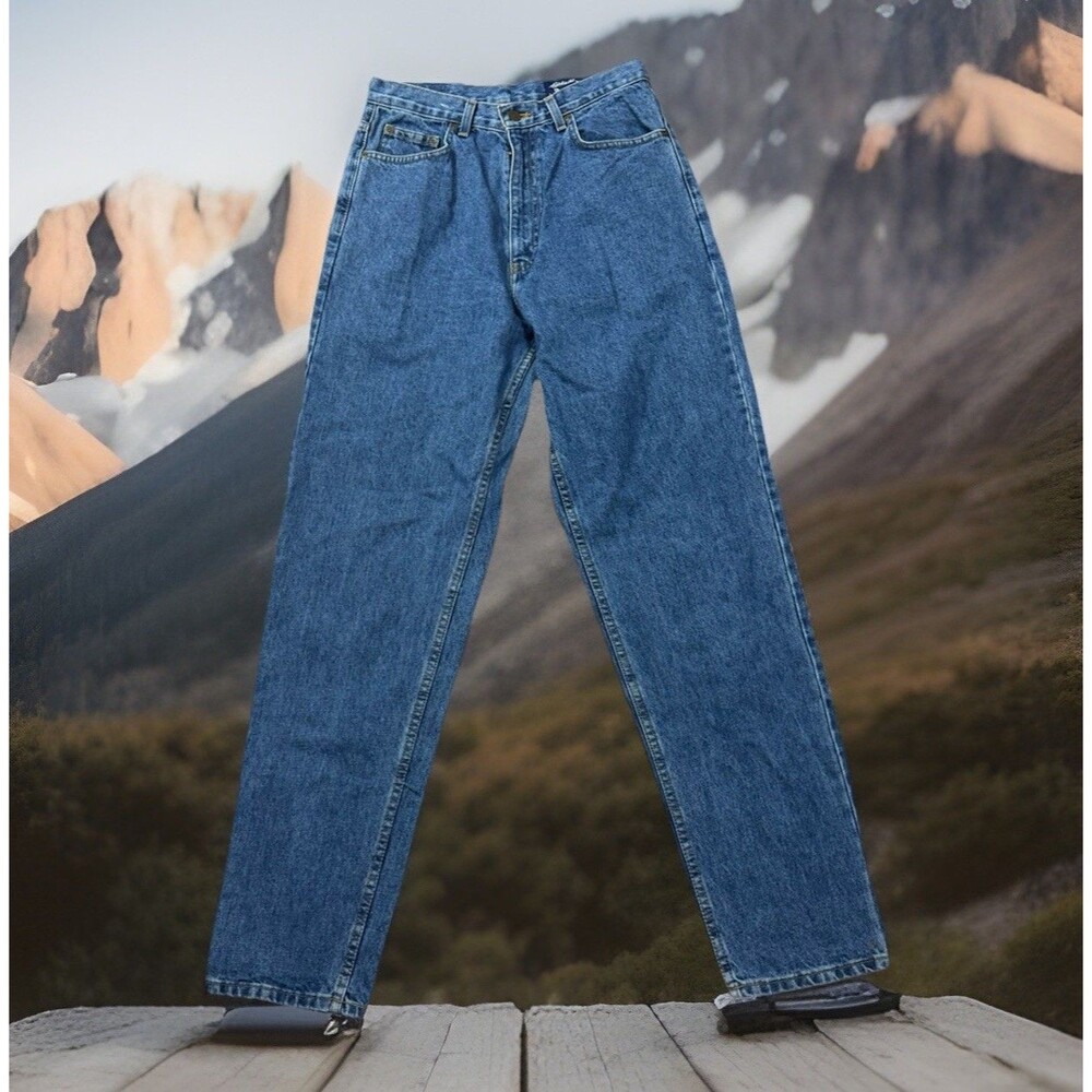 Y2K Eddie Bauer Jeans Women Sz 10 Tall Blue Solid Denim Grunge Heavy Weight